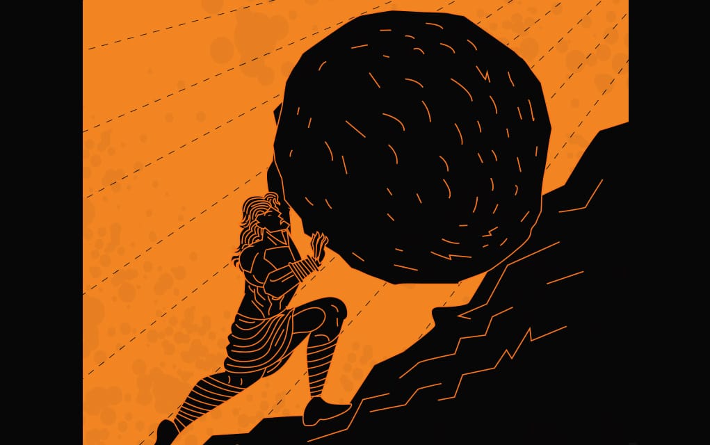 A drawing in black ink on an orange background of a man rolling a large boulder up a hill