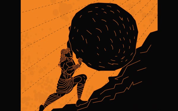 A drawing in black ink on an orange background of a man rolling a large boulder up a hill