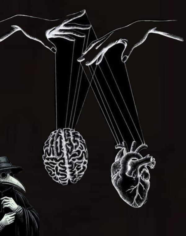 A black and white illustration of a plague doctor in the bottom corner of a black background. White sketches of a brain and heart controlled with strings.